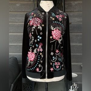 Andree by Unit Black Velvet Floral Embroidered Zip Jacket S